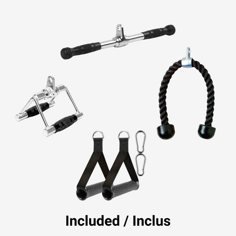 Poignées incluses avec le rack Murph Tana – barre droite, triangle rowing, corde triceps, poignées D-handle